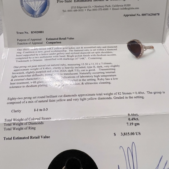 Ruby & Diamond Ring; 14kt Yellow Gold; Appraisal Included; Size 9 - Picture 10 of 11